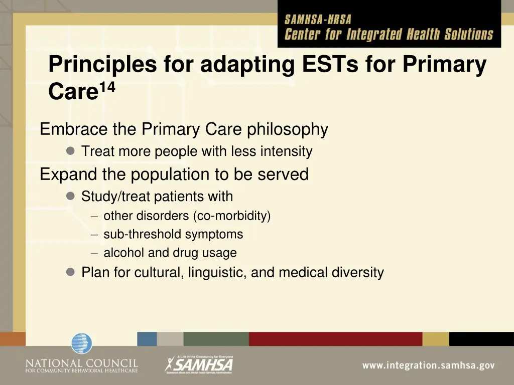 principles for adapting ests for primary care 14