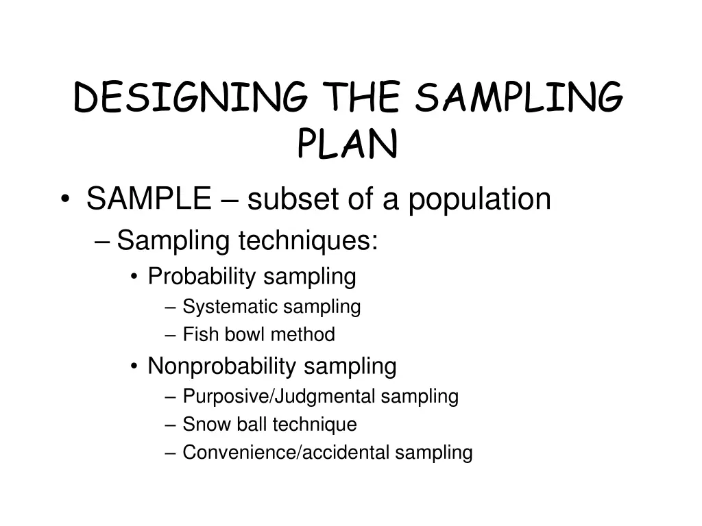 designing the sampling plan sample subset
