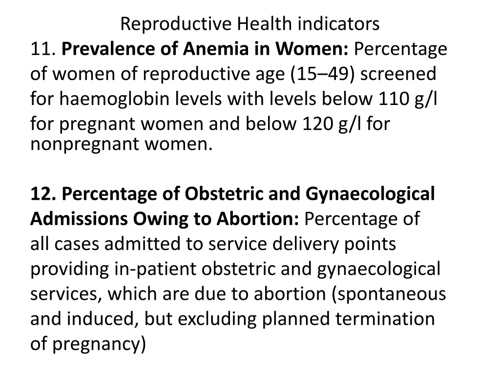 reproductive health indicators 11 prevalence