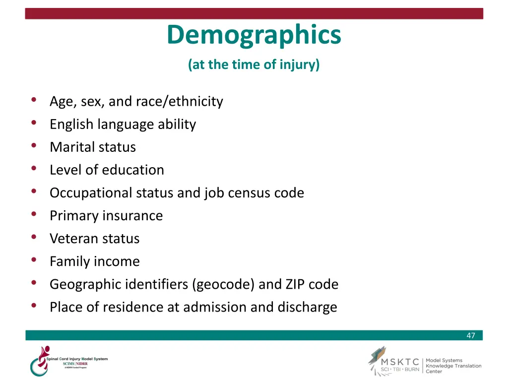 demographics at the time of injury