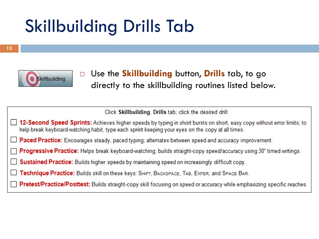 skillbuilding drills tab