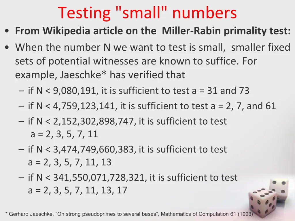 testing small numbers from wikipedia article