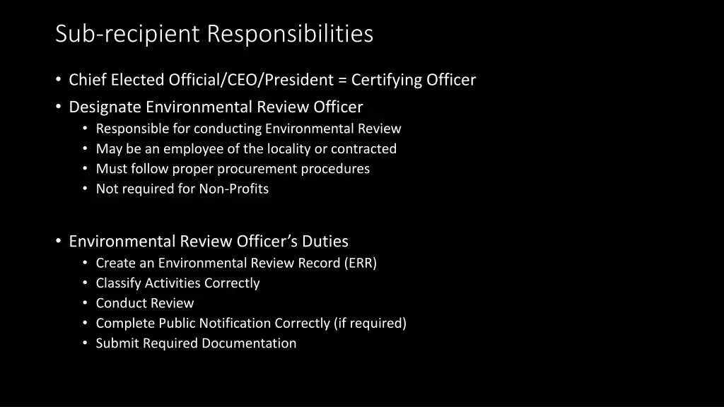sub recipient responsibilities