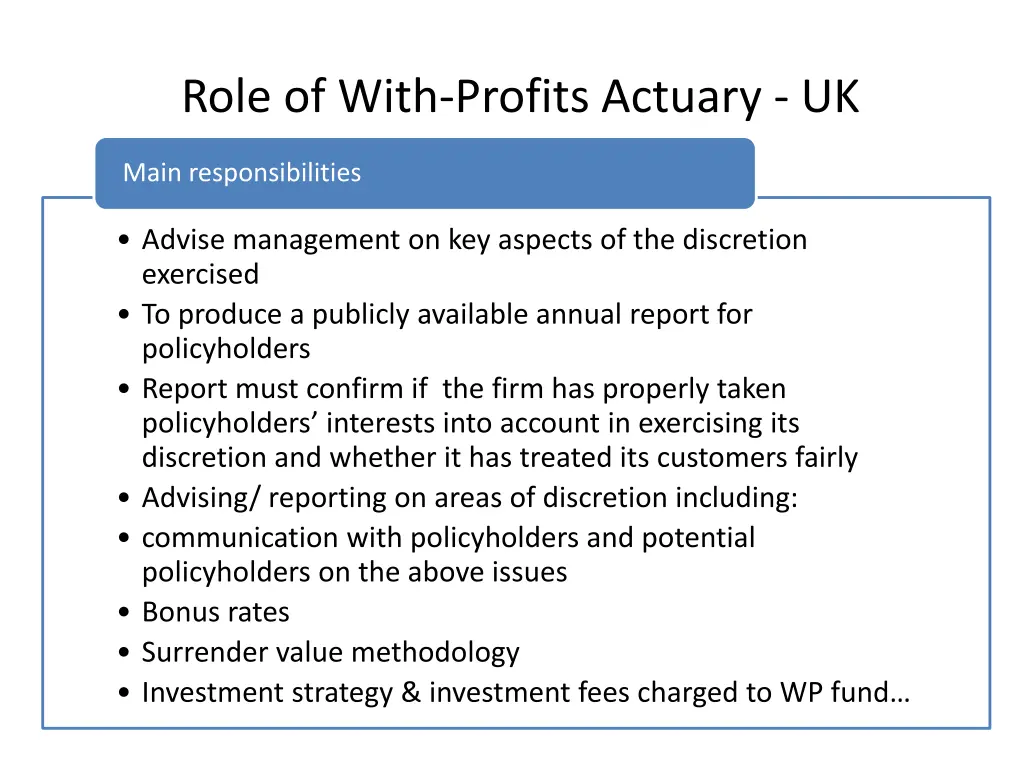role of with profits actuary uk