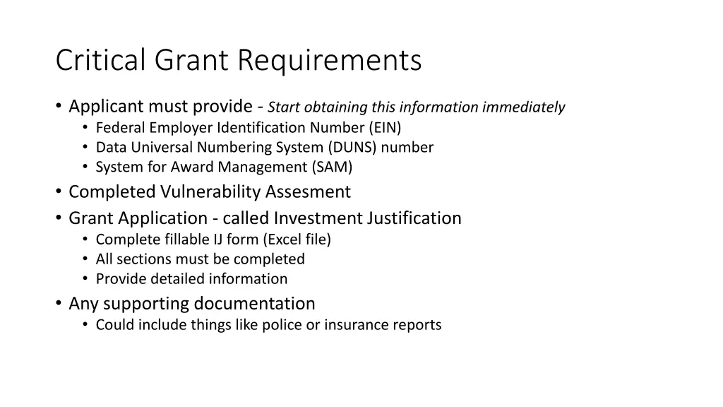 critical grant requirements