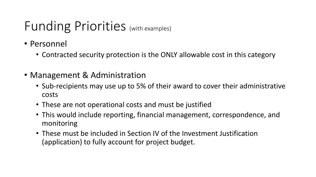 funding priorities with examples personnel