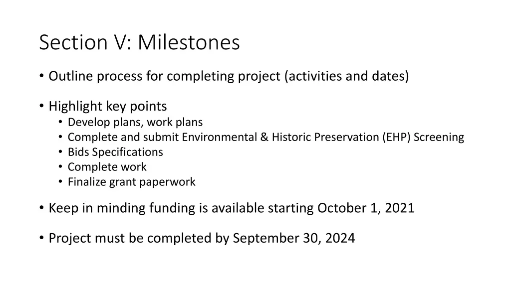 section v milestones