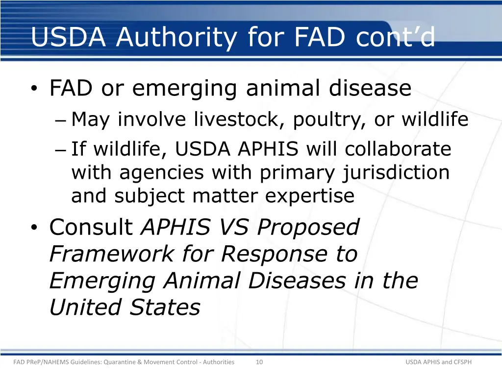 usda authority for fad cont d