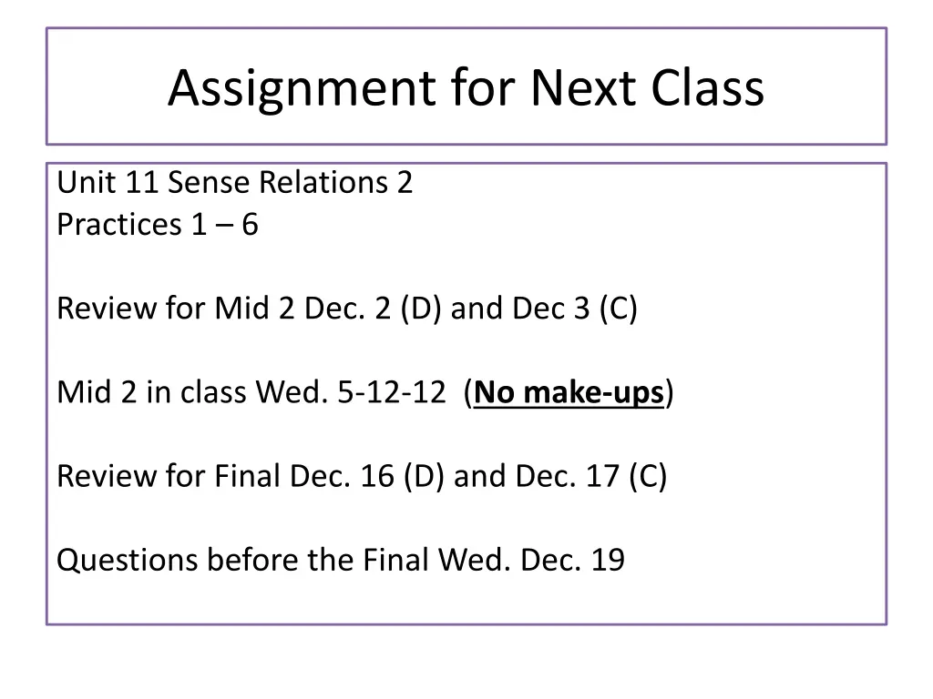 assignment for next class