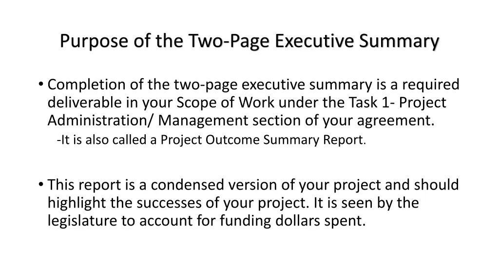 purpose of the two page executive summary