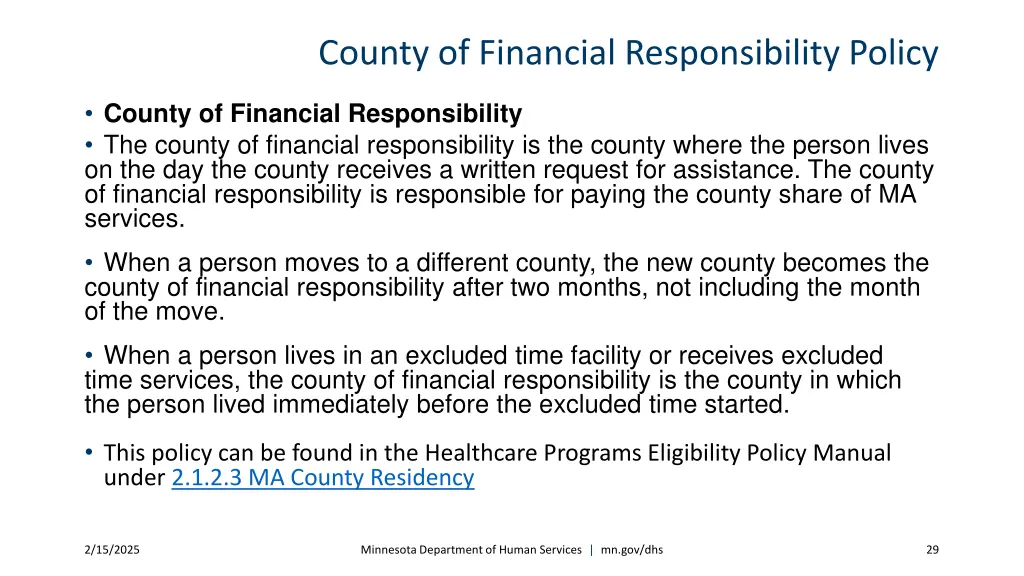 county of financial responsibility policy