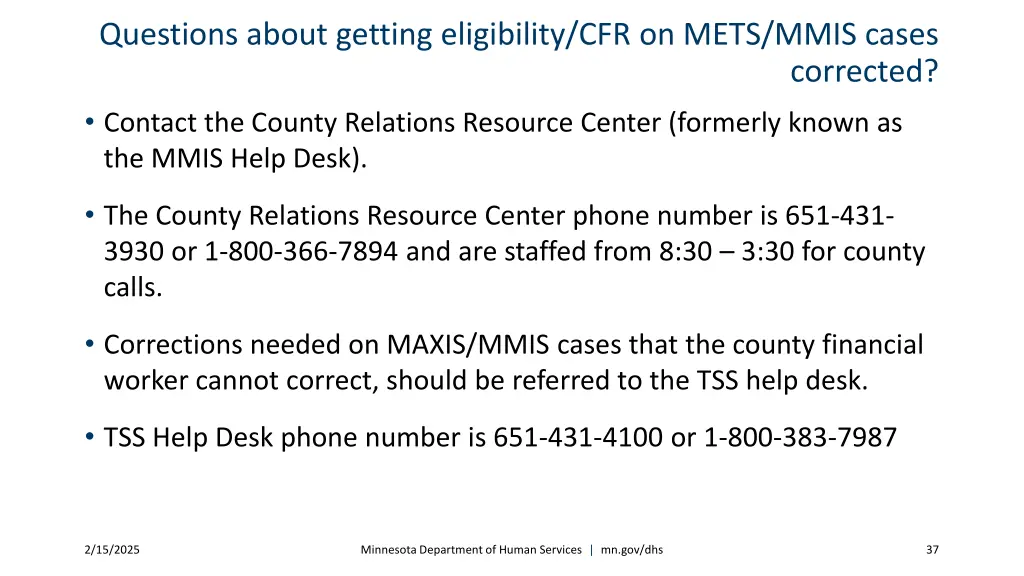 questions about getting eligibility cfr on mets