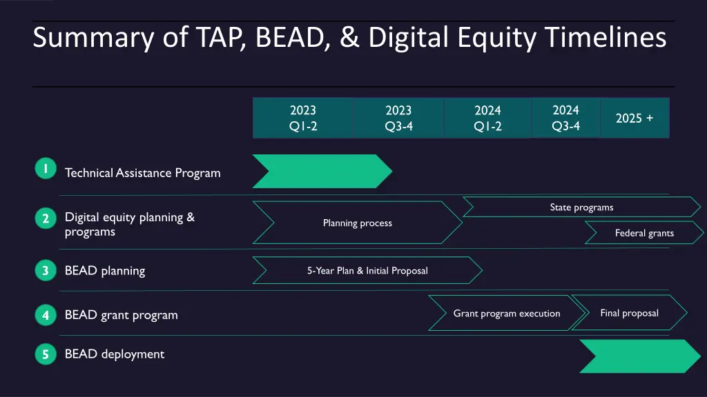 summary of tap bead digital equity timelines