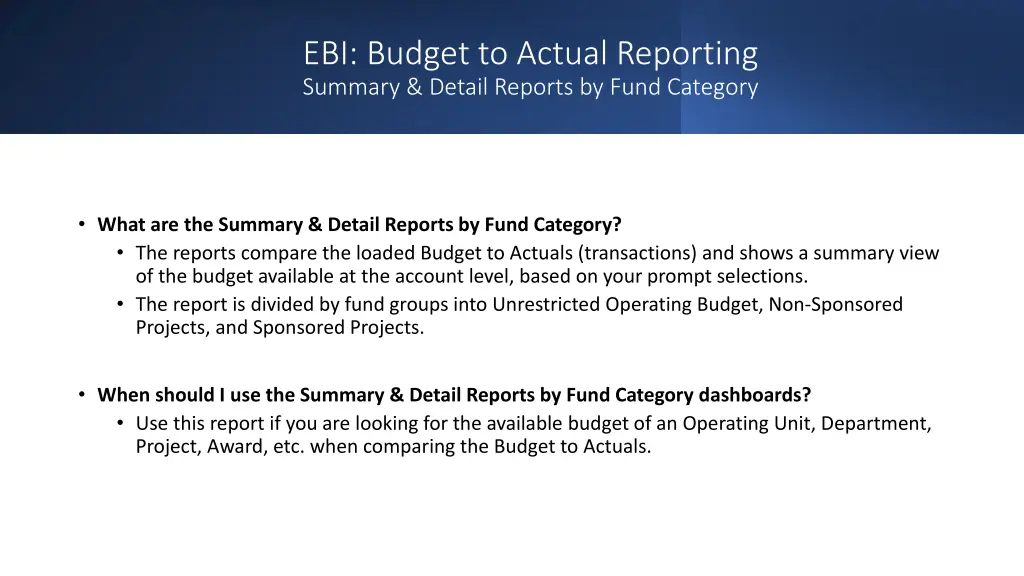 ebi budget to actual reporting summary detail