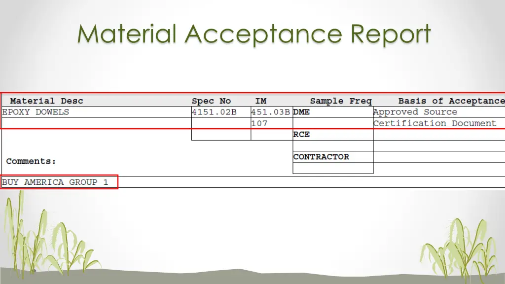 material acceptance report 10
