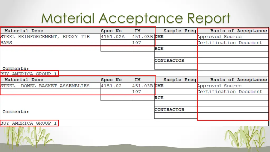 material acceptance report 11