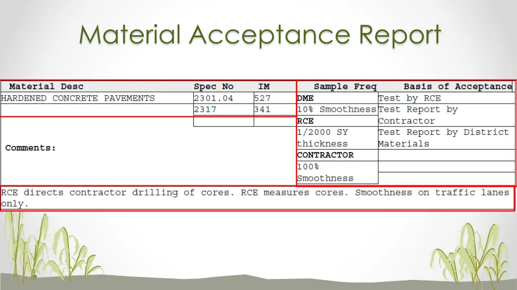 material acceptance report 13
