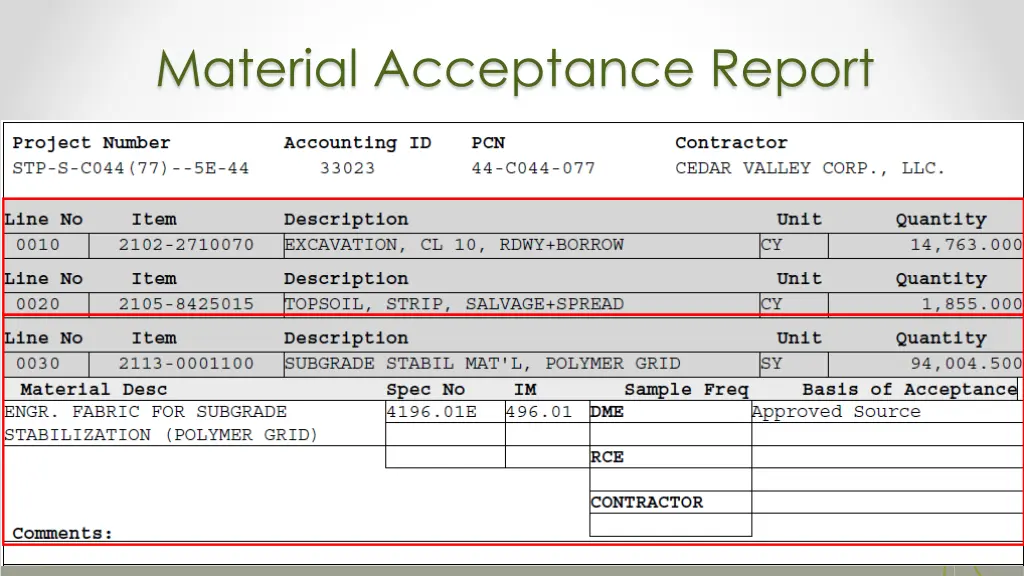 material acceptance report 2