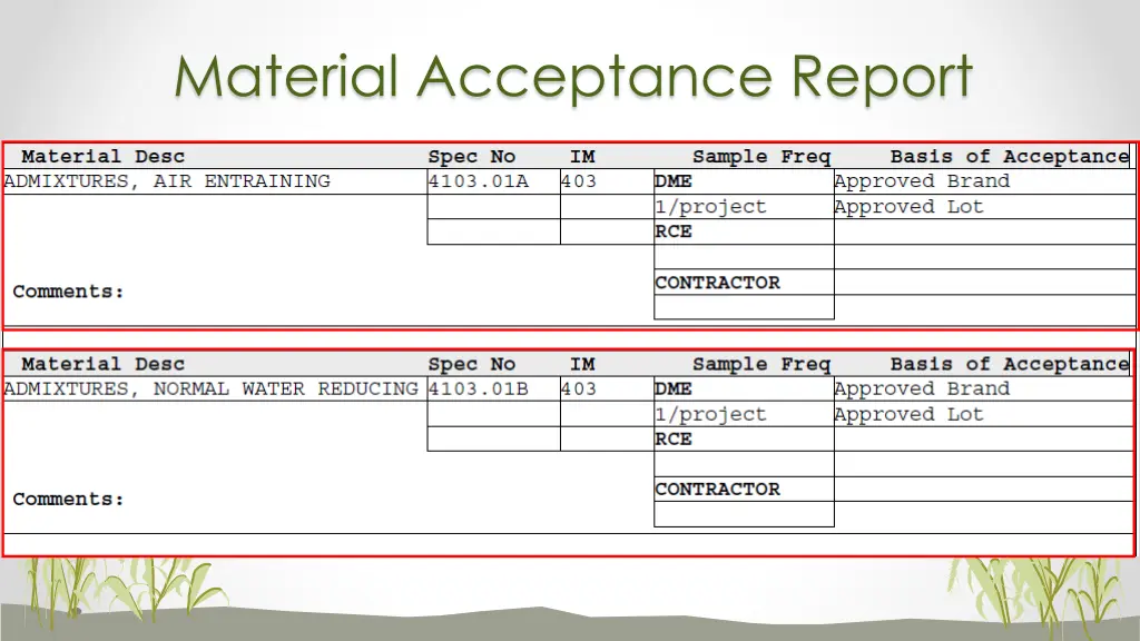 material acceptance report 5