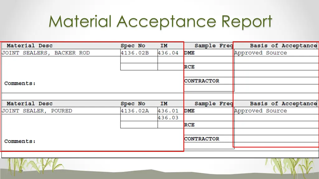 material acceptance report 9