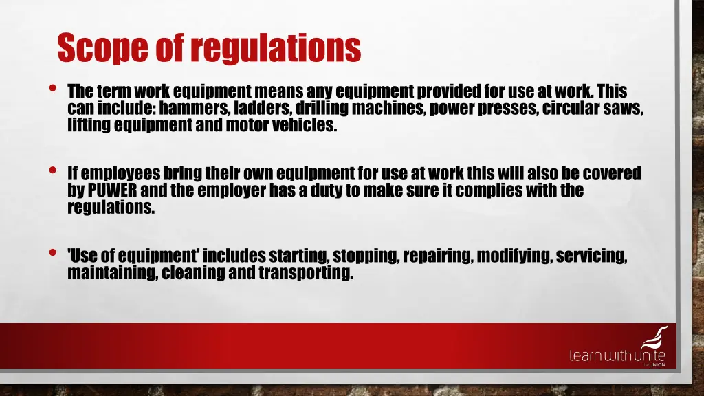 scope of regulations the term work equipment