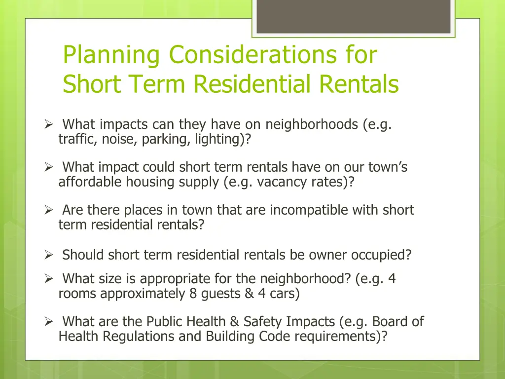 planning considerations for short term