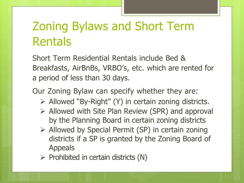 zoning bylaws and short term rentals