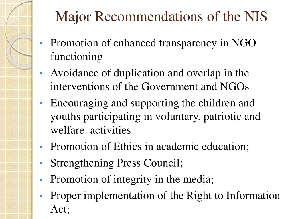 major recommendations of the nis 1