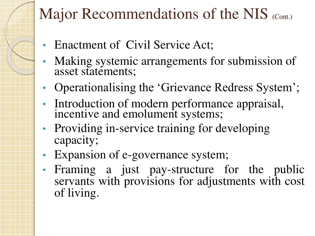 major recommendations of the nis cont