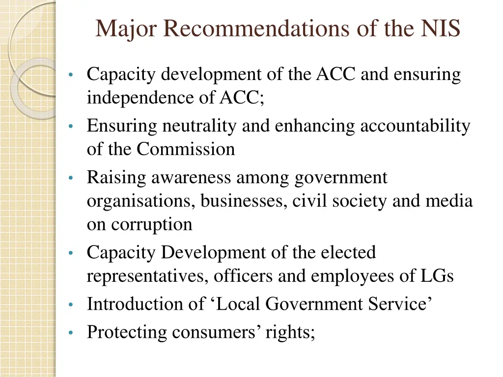 major recommendations of the nis
