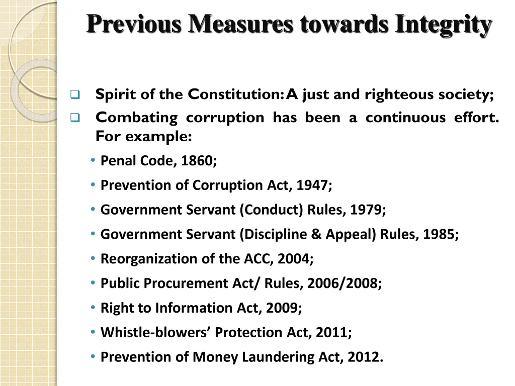 previous measures towards integrity