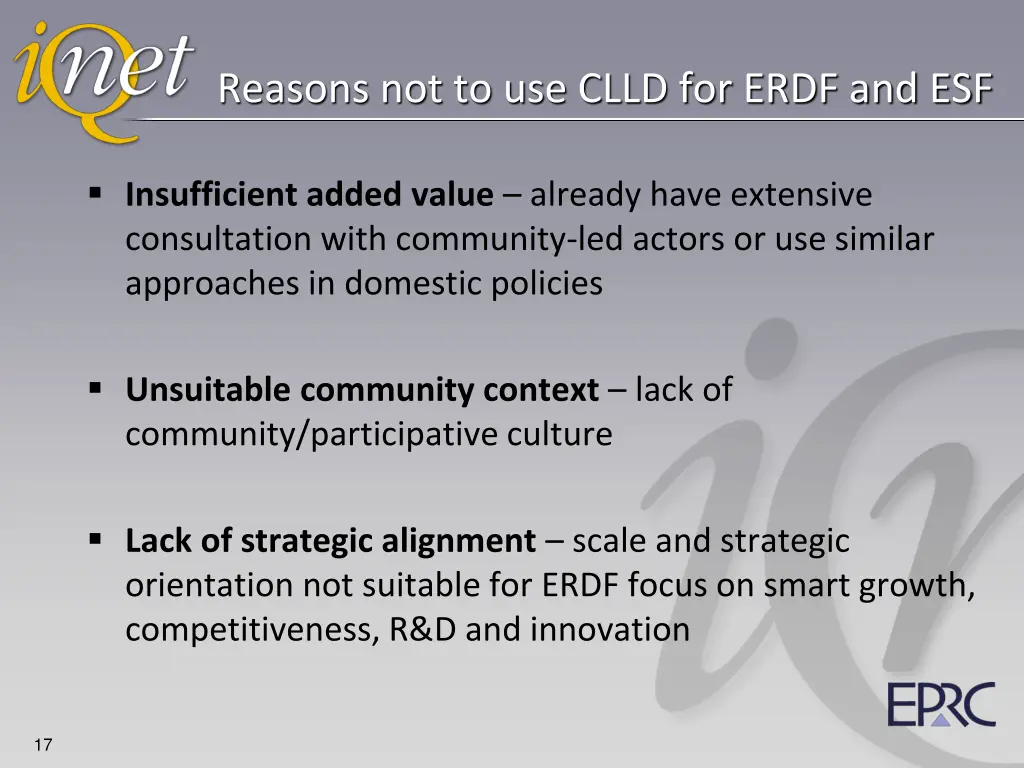 reasons not to use clld for erdf and esf