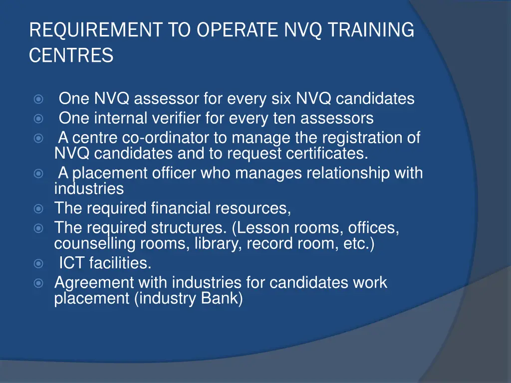 requirement to operate nvq training centres