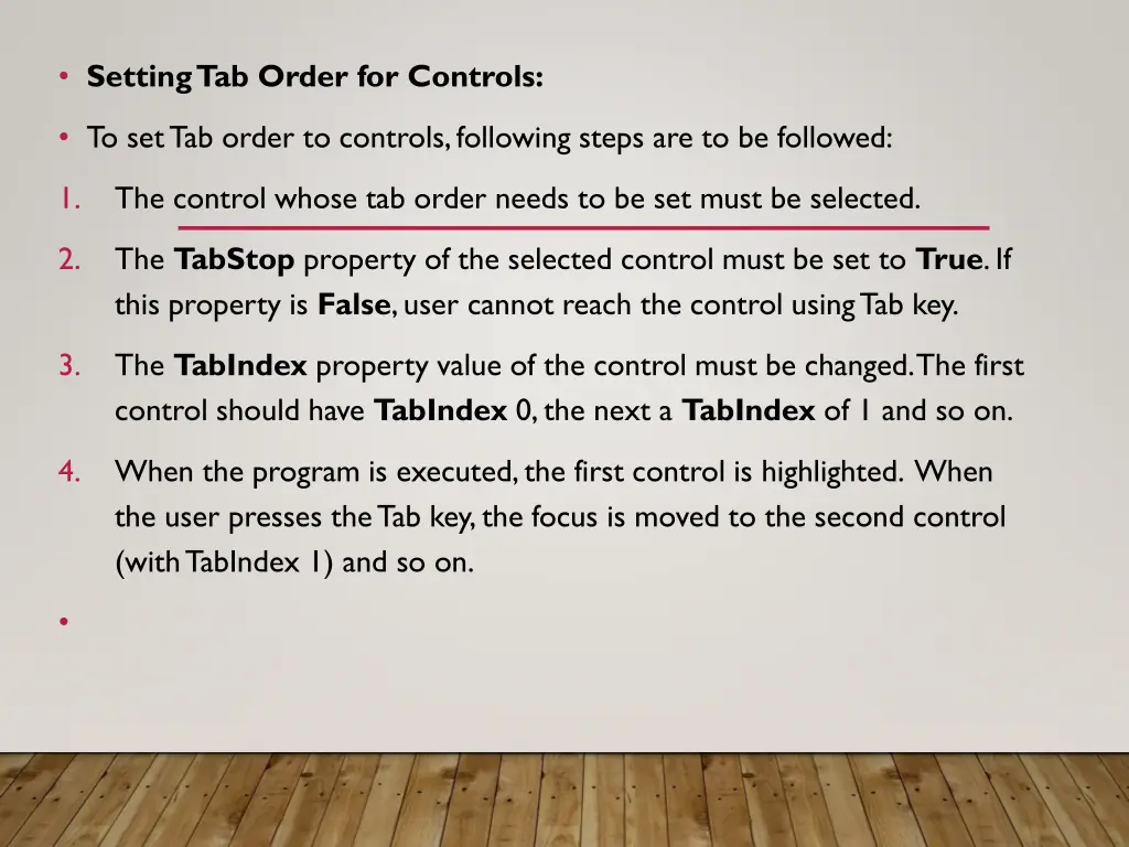 setting tab order for controls
