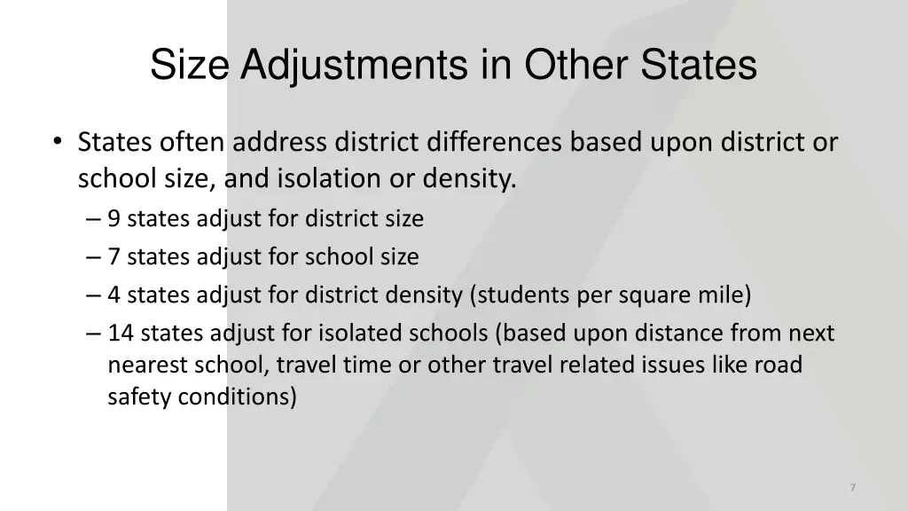 size adjustments in other states