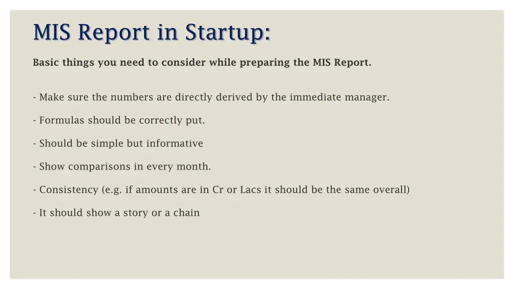 mis report in startup 1