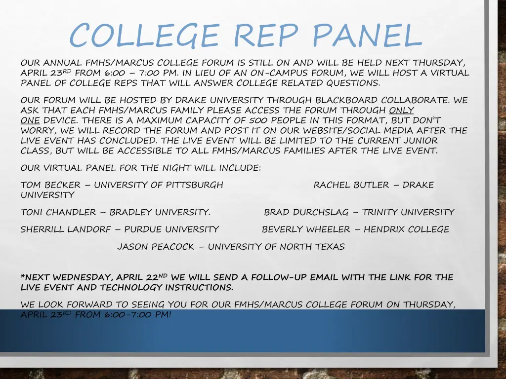 college rep panel our annual fmhs marcus college
