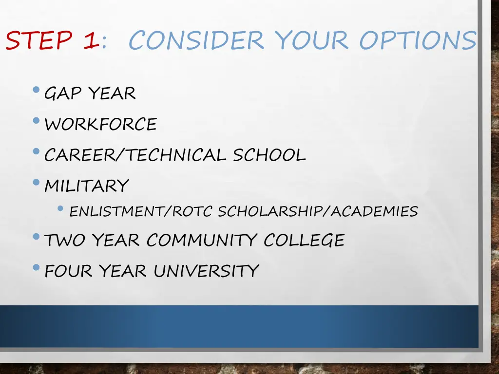 step 1 consider your options