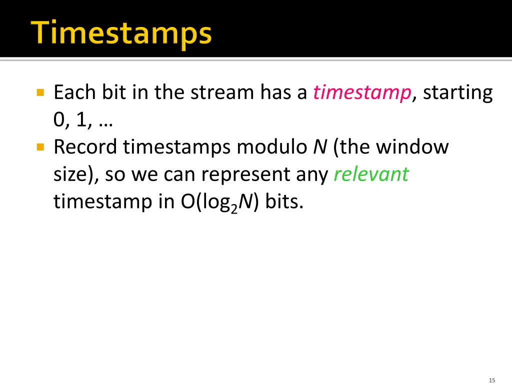 each bit in the stream has a timestamp starting