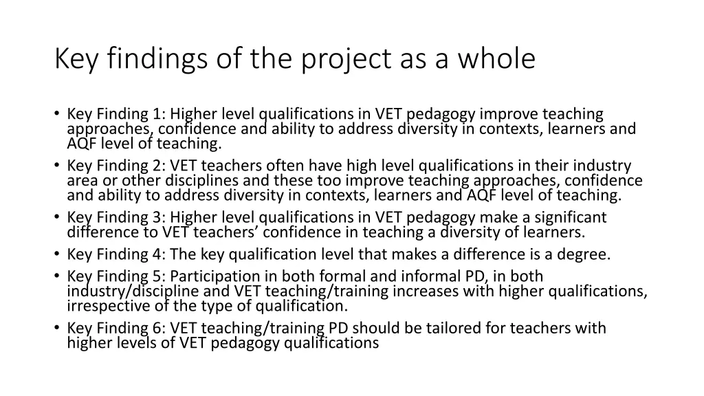 key findings of the project as a whole
