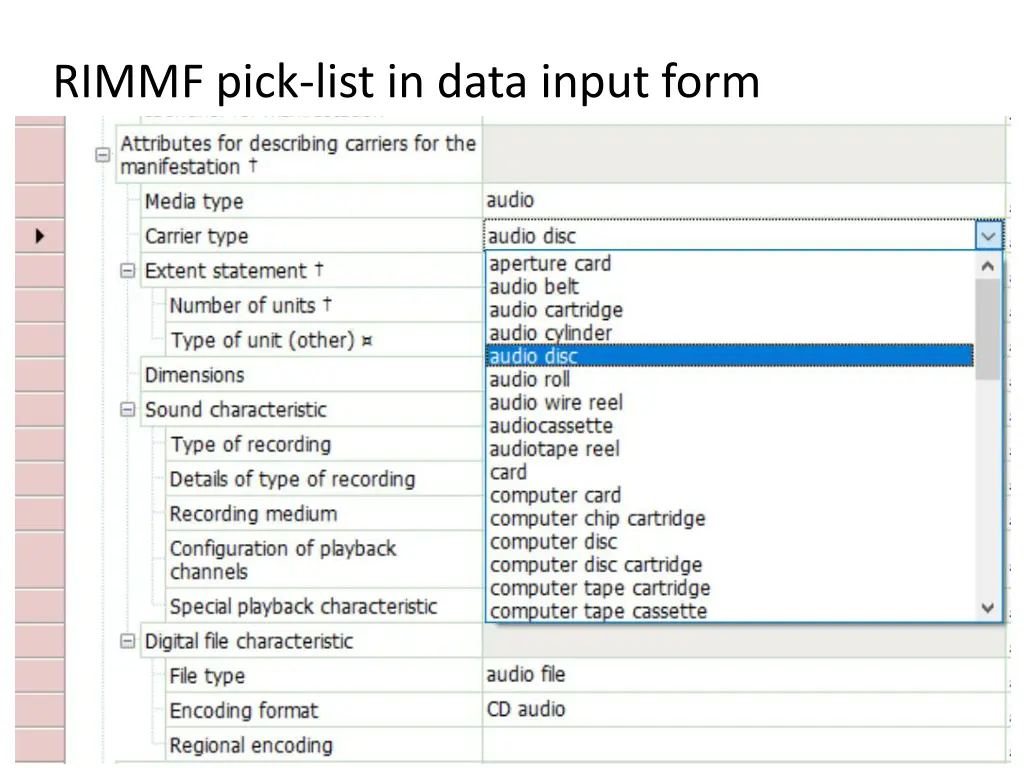 rimmf pick list in data input form