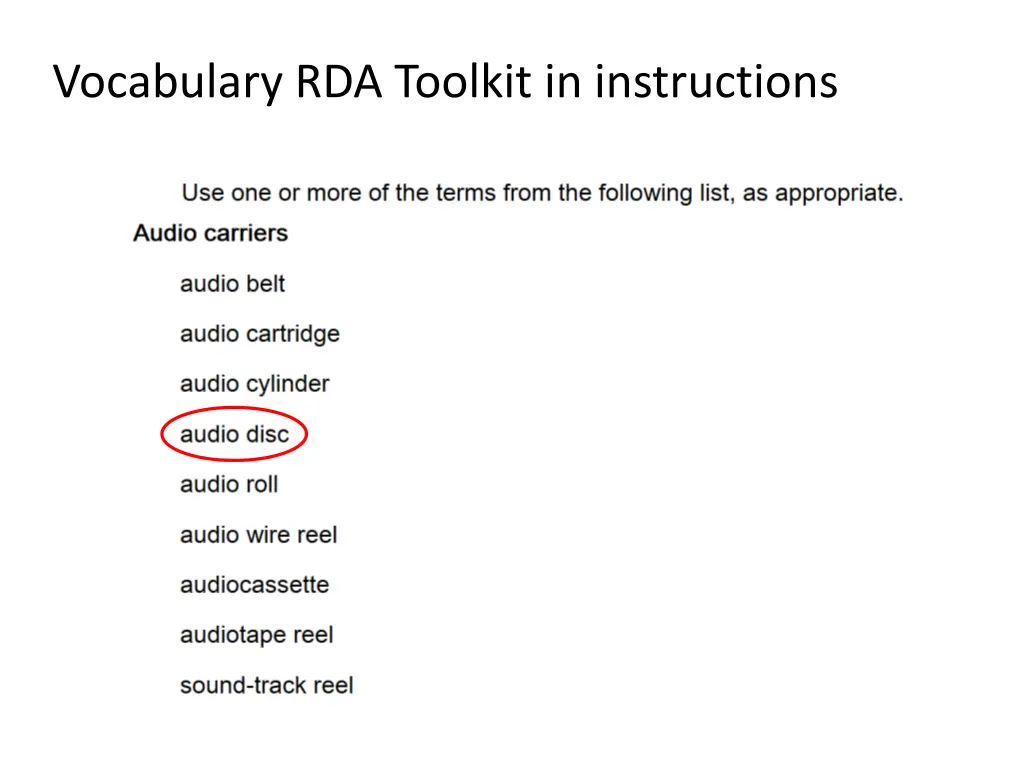 vocabulary rda toolkit in instructions