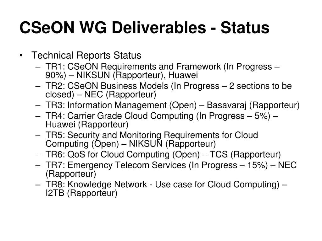 cseon wg deliverables status