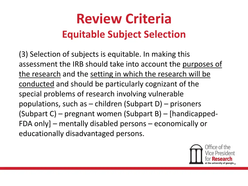 review criteria equitable subject selection