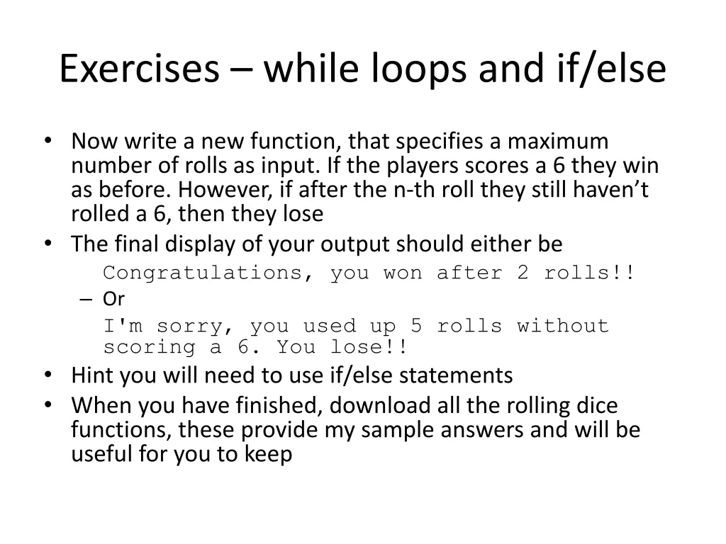 exercises while loops and if else