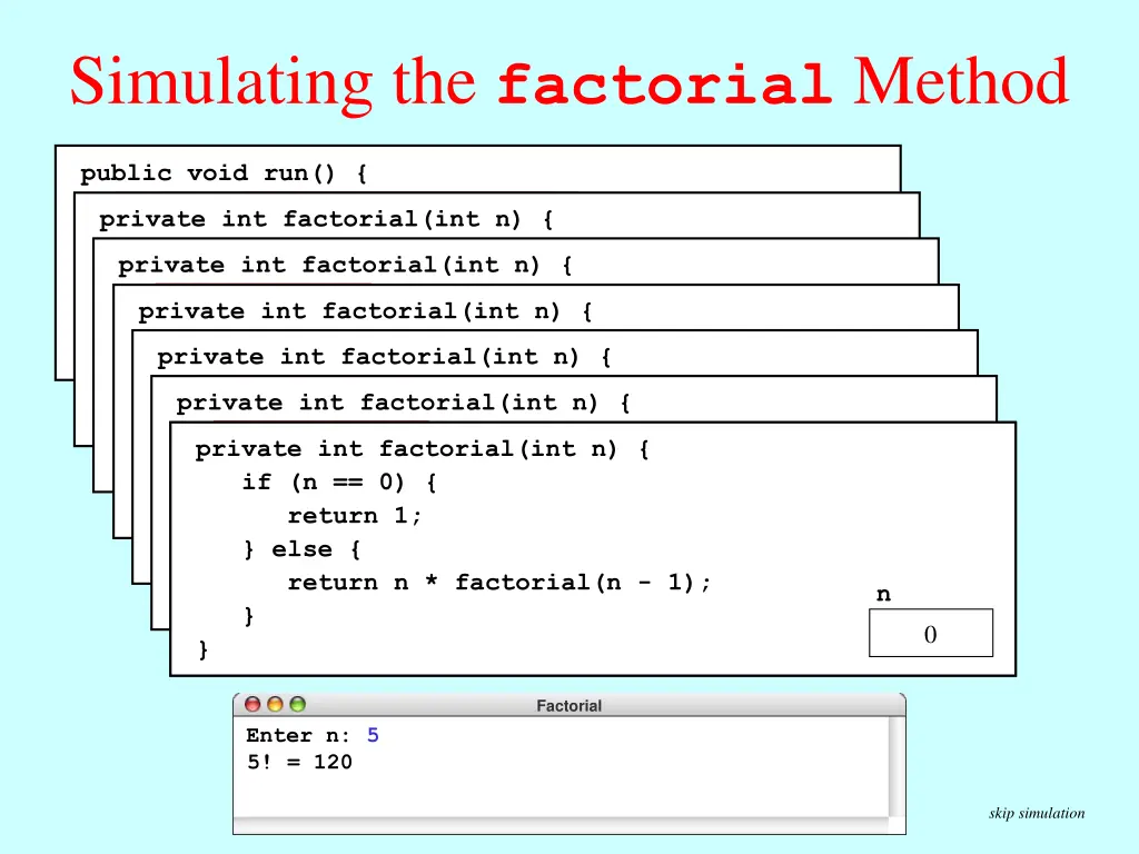 simulating the factorial method