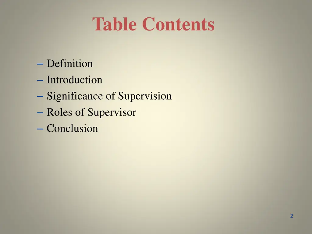 table contents