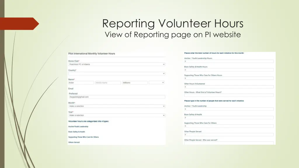 reporting volunteer hours view of reporting page