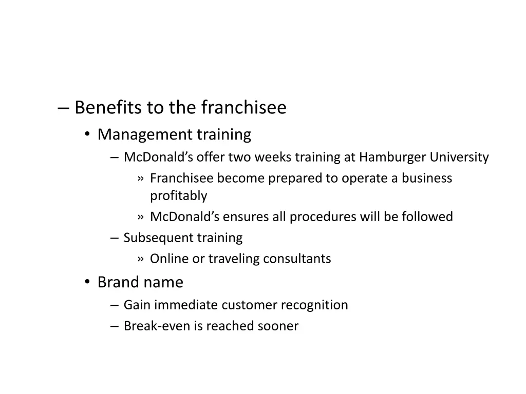 benefits to the franchisee management training