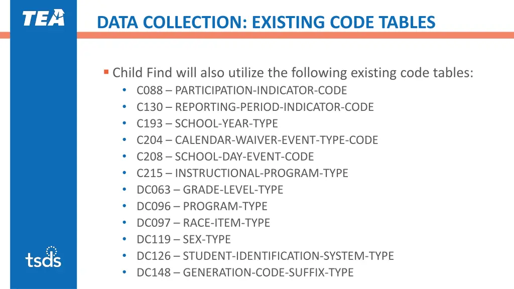 data collection existing code tables